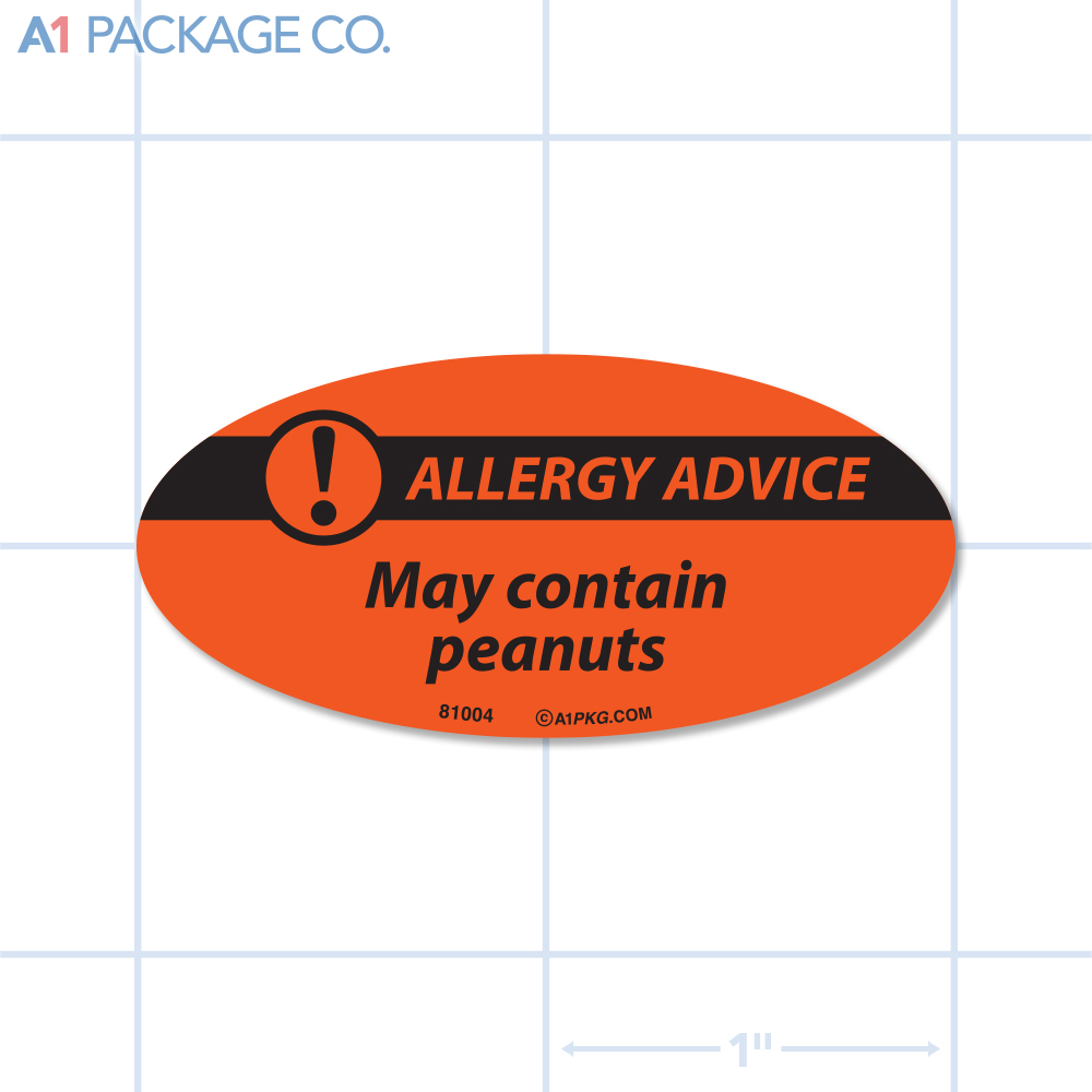 May Contain Peanuts Allergy Advice Label Fluorescent Red Oval (1x2 Inch) 500/roll