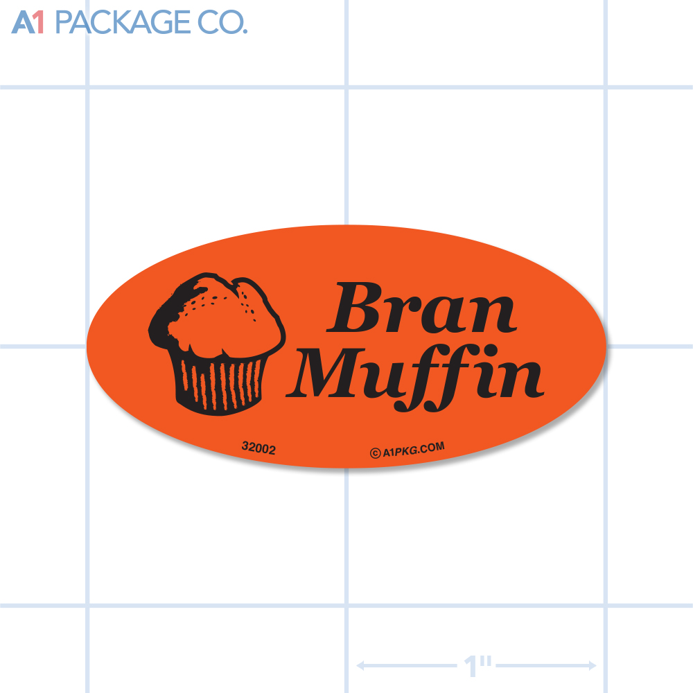 Bran Muffin Label Fluorescent Red Oval (1x2 Inch) 500/roll