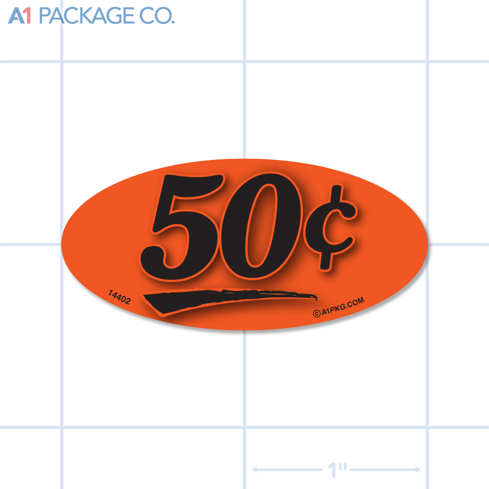 50¢ Label Fluorescent Red Oval (1x2 inch) 500/roll 