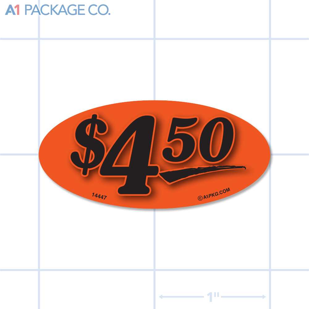 $4.50 Label Fluorescent Red Oval (1x2 inch) 500/roll