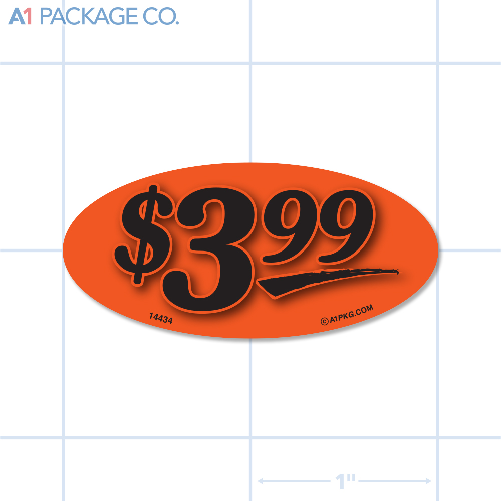 $3.99 Label Fluorescent Red Oval (1x2 inch) 500/roll