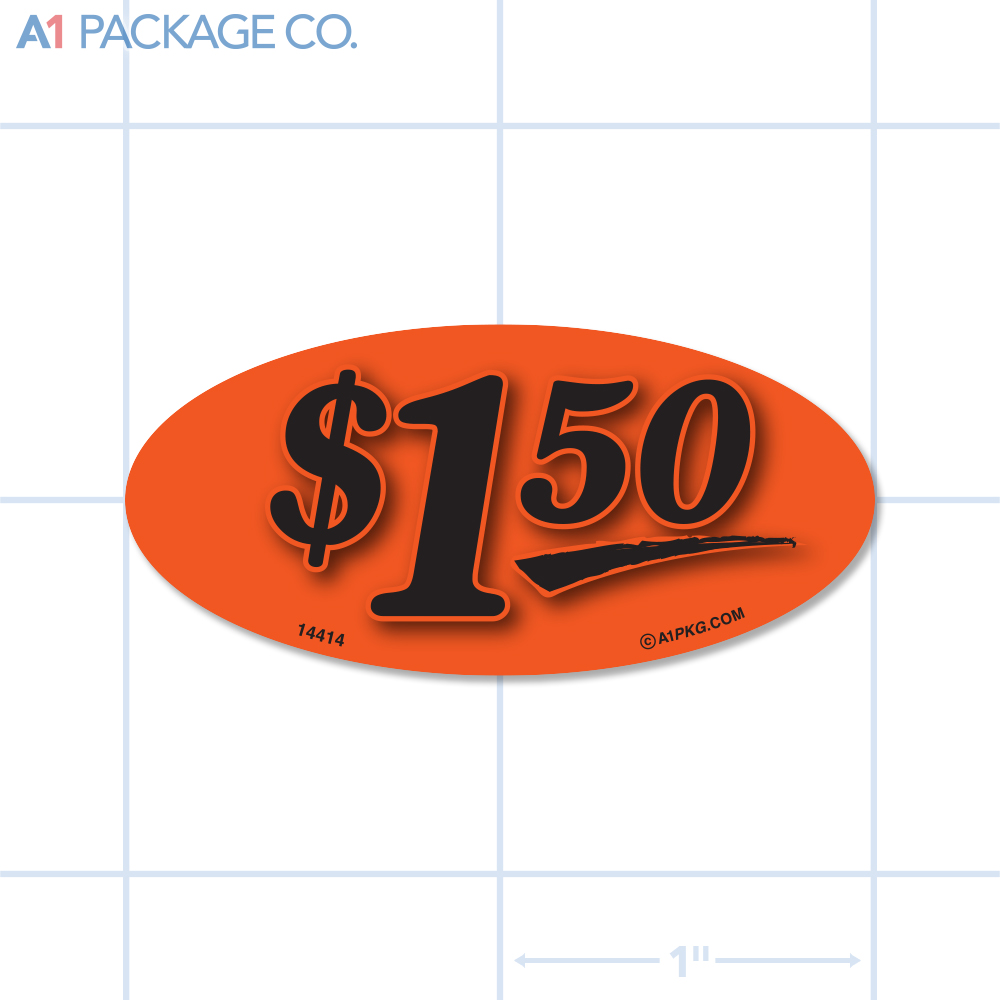 $1.50 Label Fluorescent Red Oval (1x2 inch) 500/roll