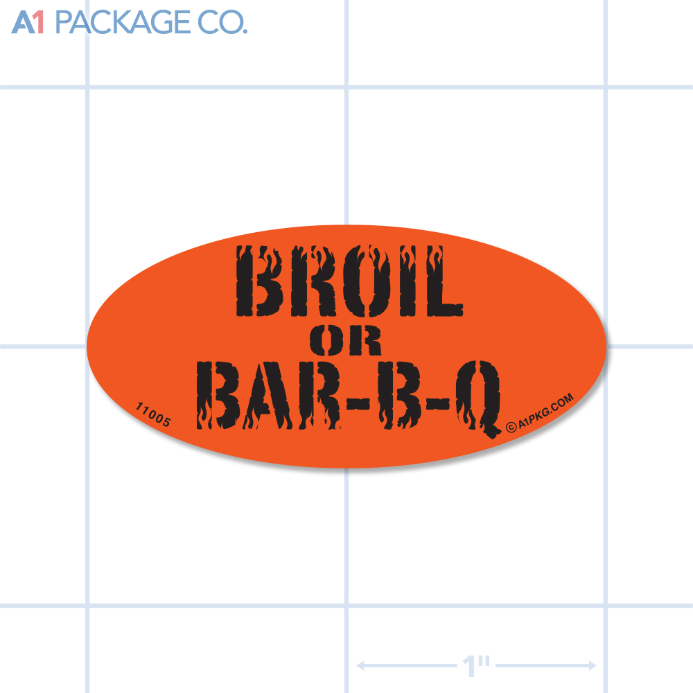 Broil or Bar-B-Q Label Fluorescent Red Oval (1x2 Inch) 500/roll