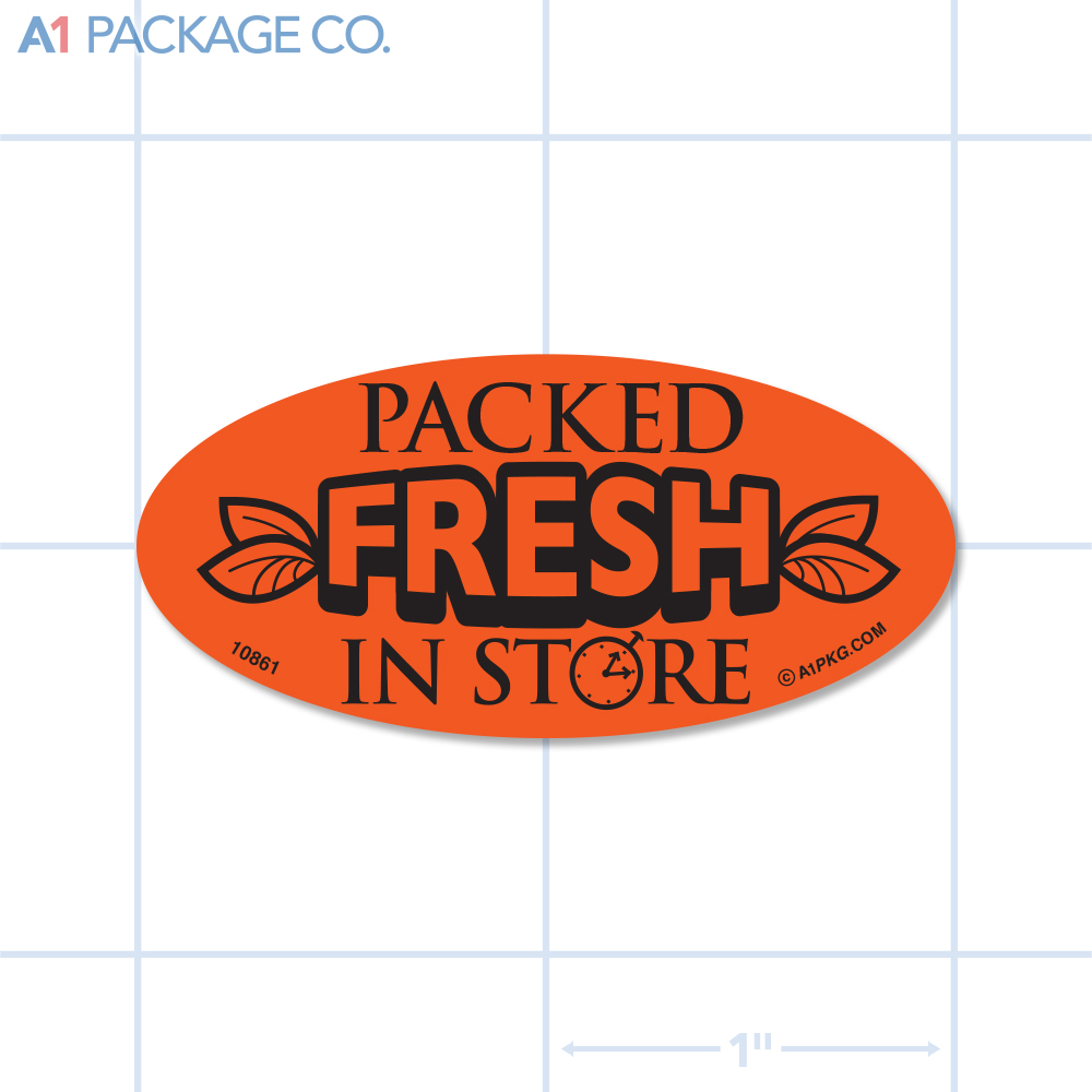 Packed Fresh In Store Label Fluorescent Red Oval (1x2 inch) 500/roll