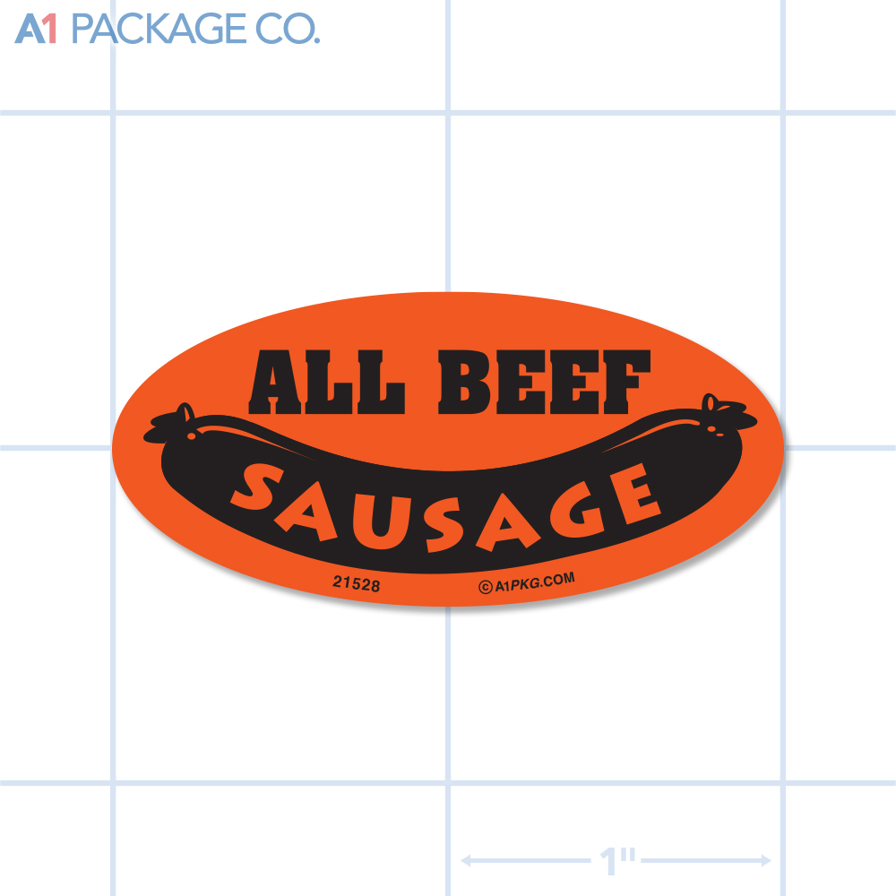All Beef Sausage Label Fluorescent Red Oval (1x2 Inch) 500/roll