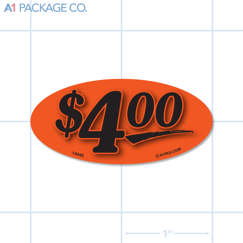 $4.00 Label Fluorescent Red Oval (1x2 inch) 500/roll