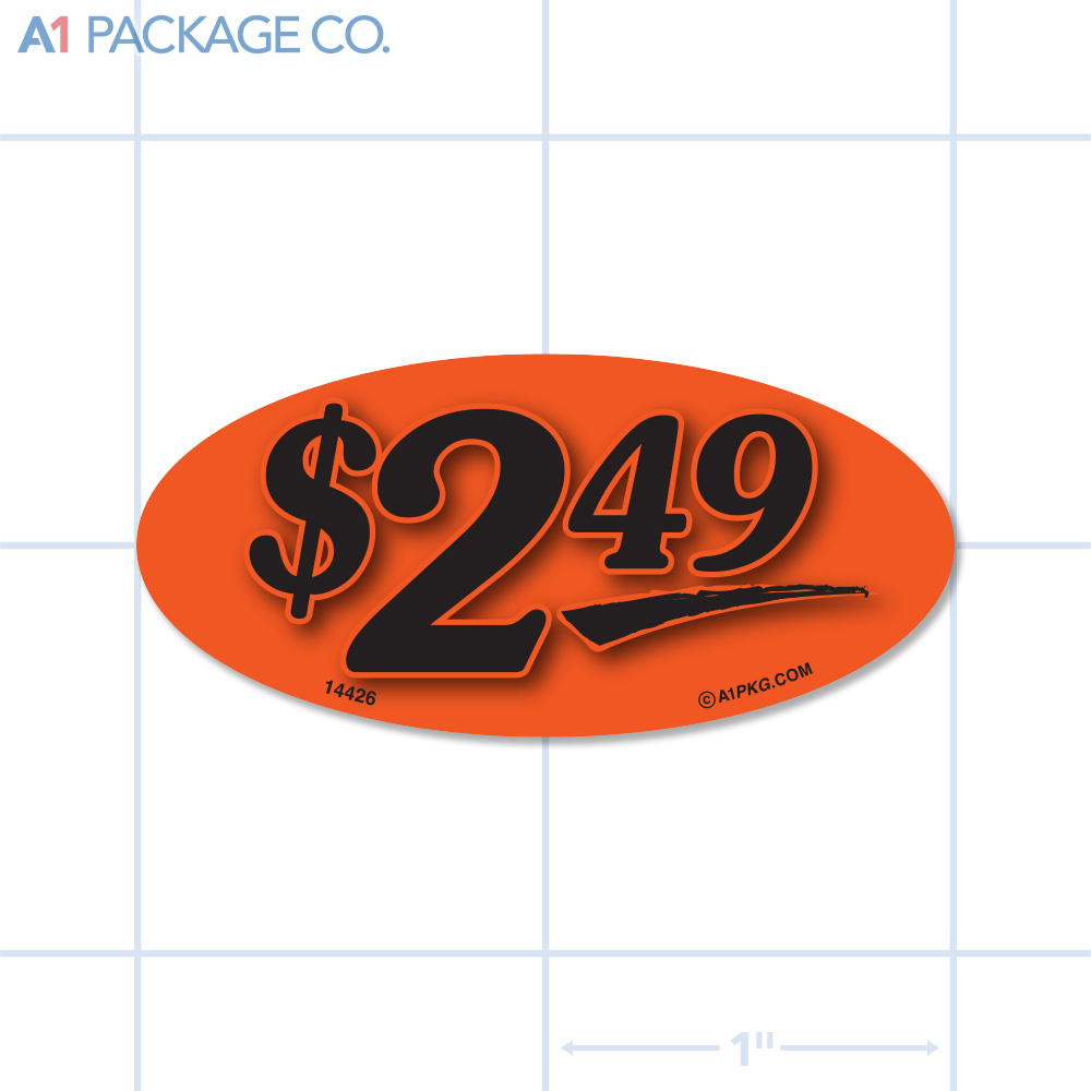 $2.49 Label Fluorescent Red Oval (1x2 inch) 500/roll