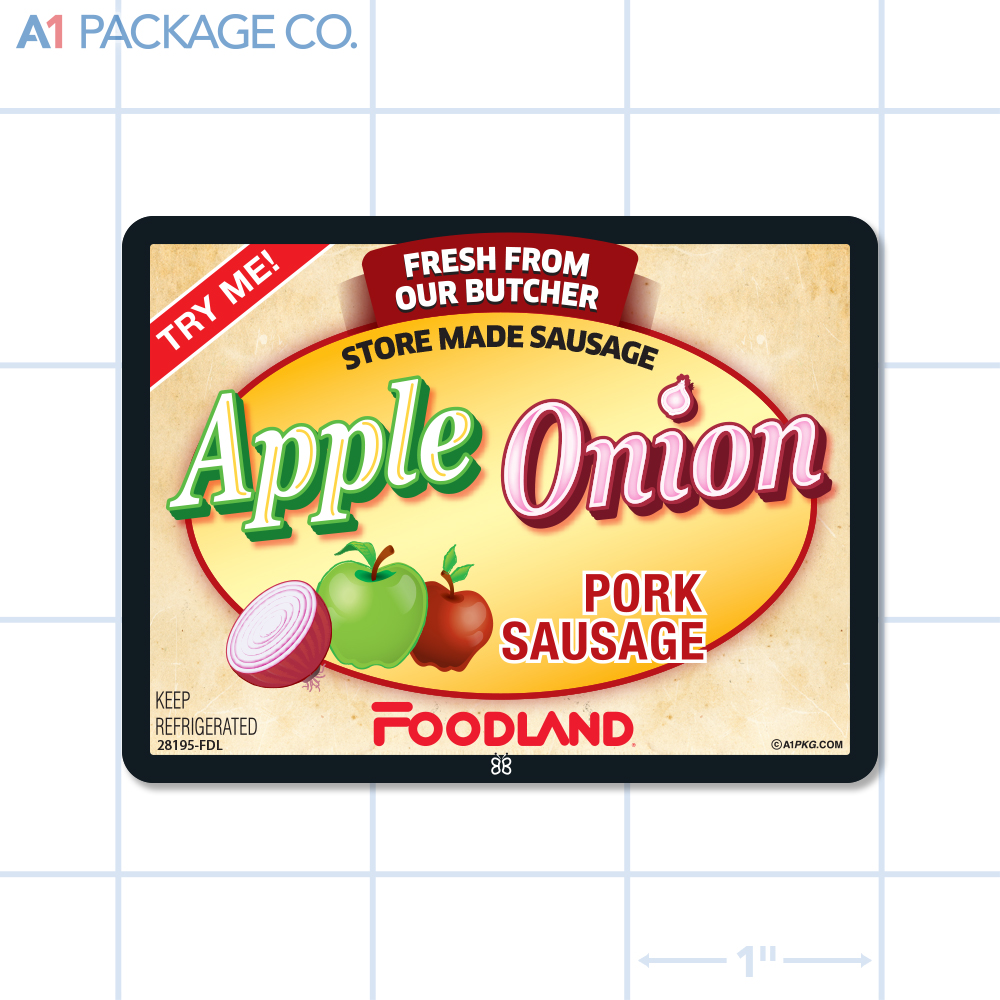 Foodland Apple Onion Pork Sausage Label Full Color Rectangle (3x2.25 Inch) 500/roll