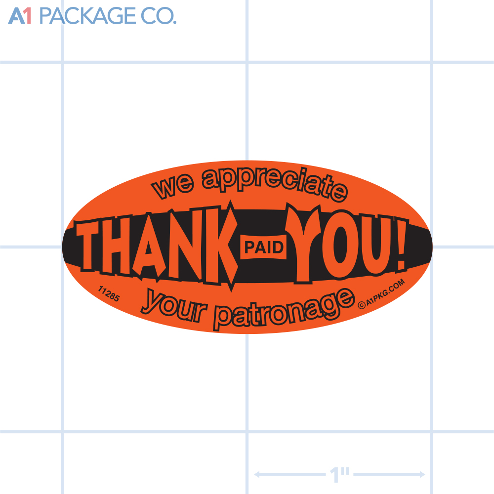 Paid Thank You Label Fluorescent Red Oval (1x2 Inch) 500/roll