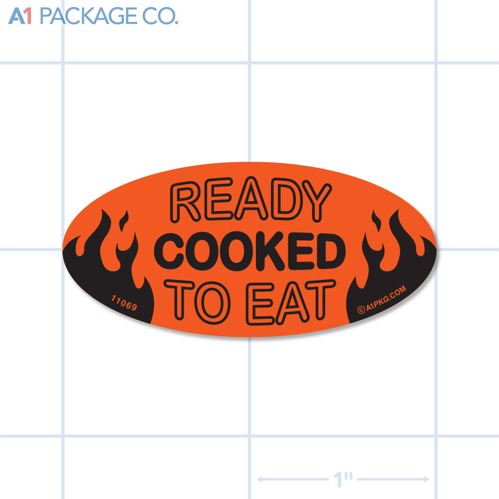 Cooked Ready to Eat Label Fluorescent Red Oval (1x2 Inch) 500/roll