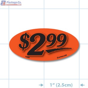 $2.99 Fluorescent Red Oval Merchandising Price Label Copyright A1PKG.com - 14433