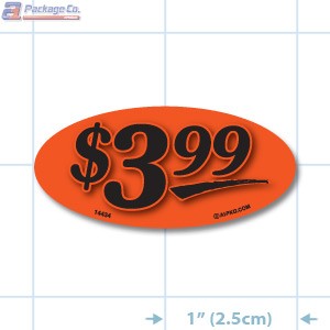 $3.99 Fluorescent Red Oval Merchandising Price Label Copyright A1PKG.com - 14434