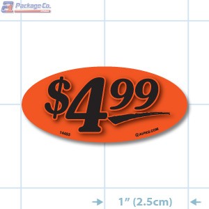 $4.99 Fluorescent Red Oval Merchandising Price Label Copyright A1PKG.com - 14453