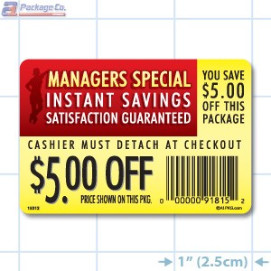 Instant Savings $5.00 off Coupon Full Color Rectangle Merchandising Labels - Copyright - A1PKG.com SKU -  15312