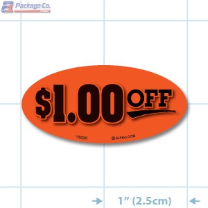 $1.00 Off Fluorescent Red Oval Merchandising Labels - Copyright - A1PKG.com SKU - 15320