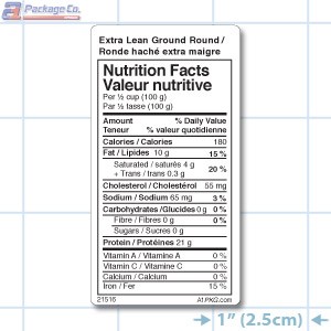 Extra Lean Ground Round Nutritional Labels - Copyright - A1Pkg.com - SKU 21516