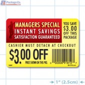 Instant Savings $3.00 off Coupon Full Color Rectangle Merchandising Labels - Copyright - A1PKG.com SKU -  15307