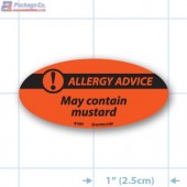 May Contain Mustard- Allergy Advice Fluorescent Red Oval Merchandising Label Copyright A1PKG.com - 81001