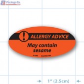 May Contain Sesame- Allergy Advice Fluorescent Red Oval Merchandising Label Copyright A1PKG.com - 81006