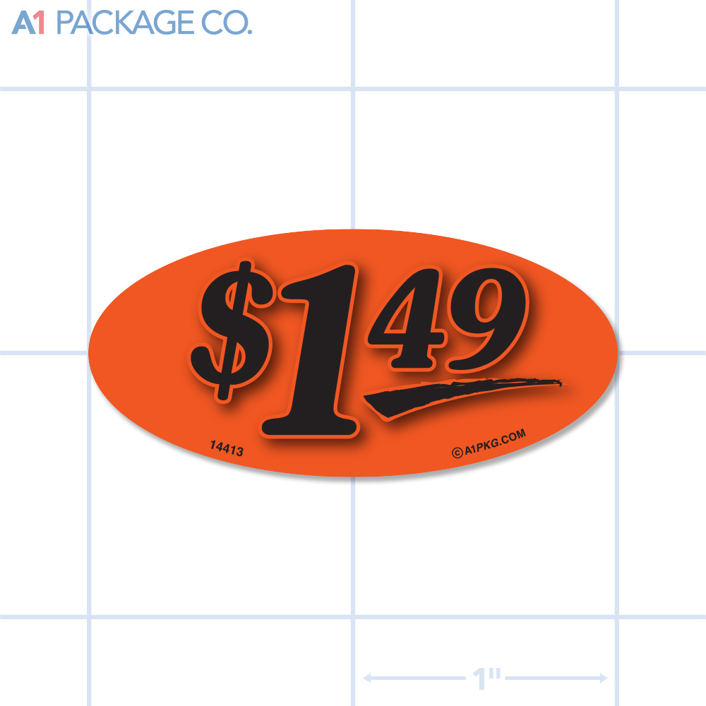 $1.49 Label Fluorescent Red Oval (1x2 inch) 500/roll
