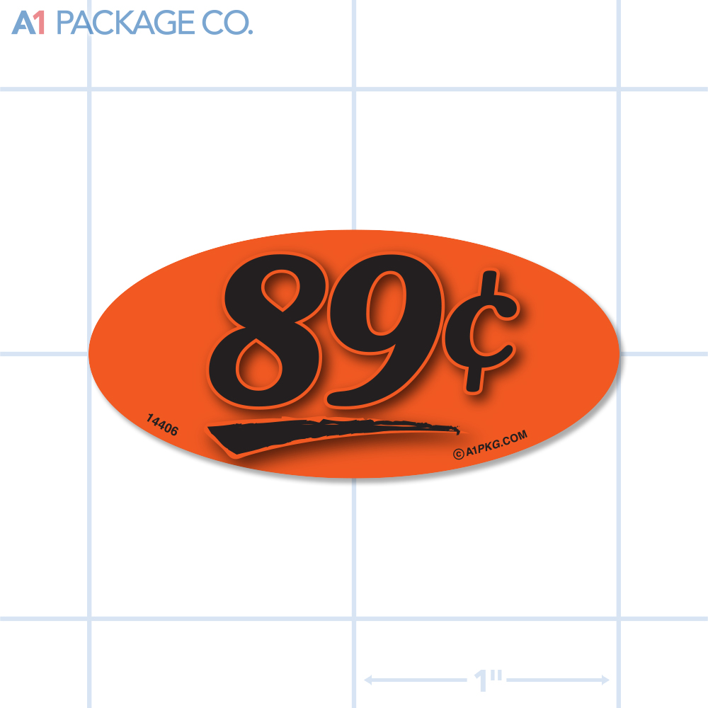 89¢ Label Fluorescent Red Oval (1x2 inch) 500/roll