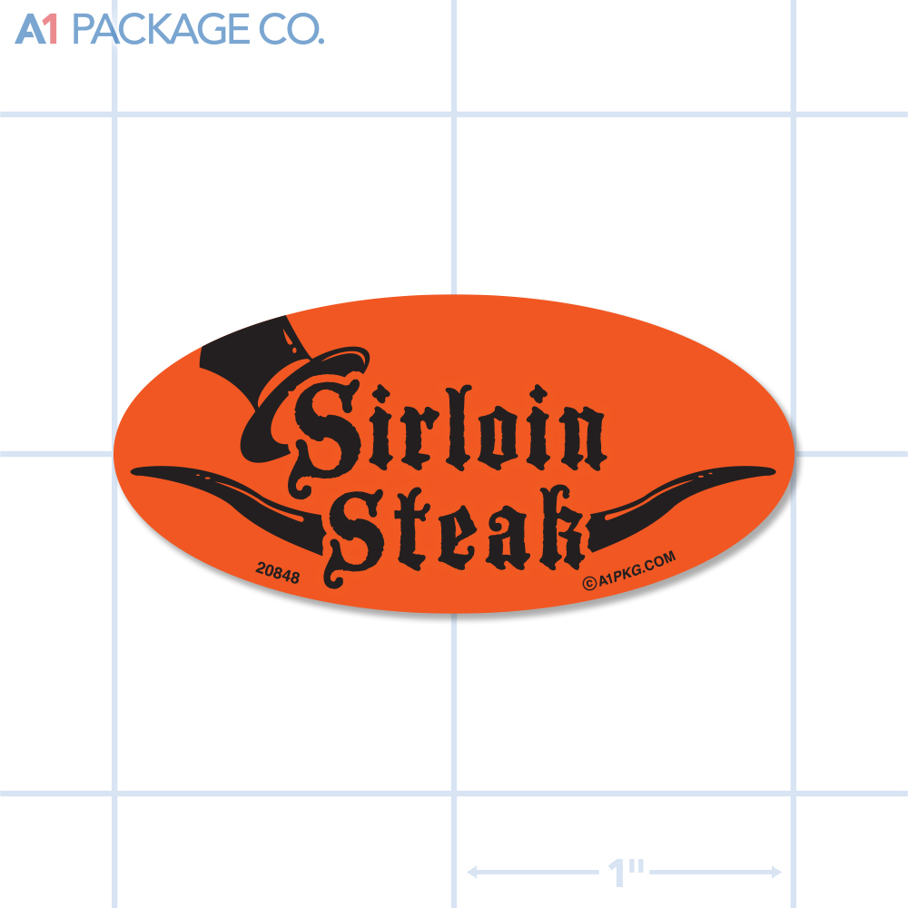 Sirloin Steak Label Fluorescent Red Oval (1x2 Inch) 500/roll