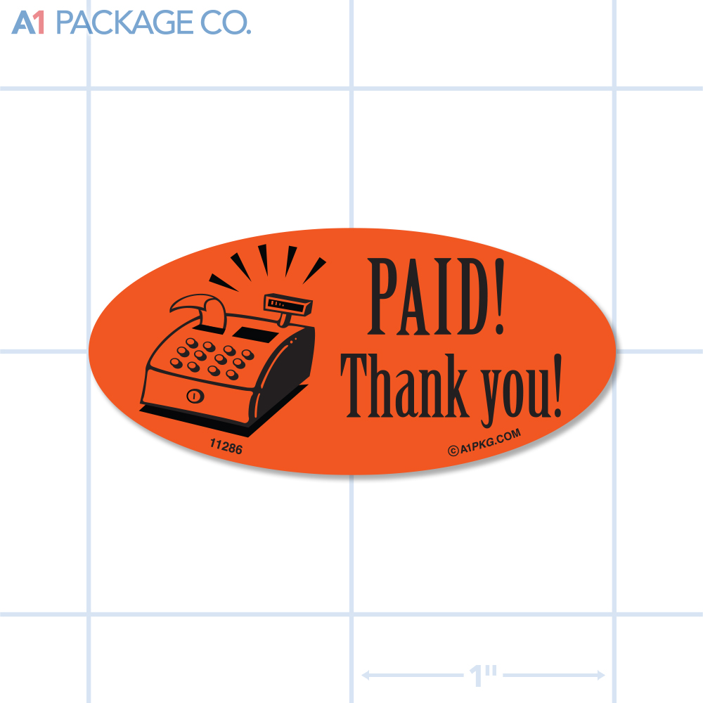 Paid Thank You Label Fluorescent Red Oval (1x2 Inch) 500/roll