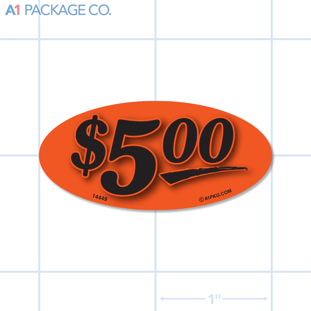 $5.00 Label Fluorescent Red Oval (1x2 inch) 500/roll
