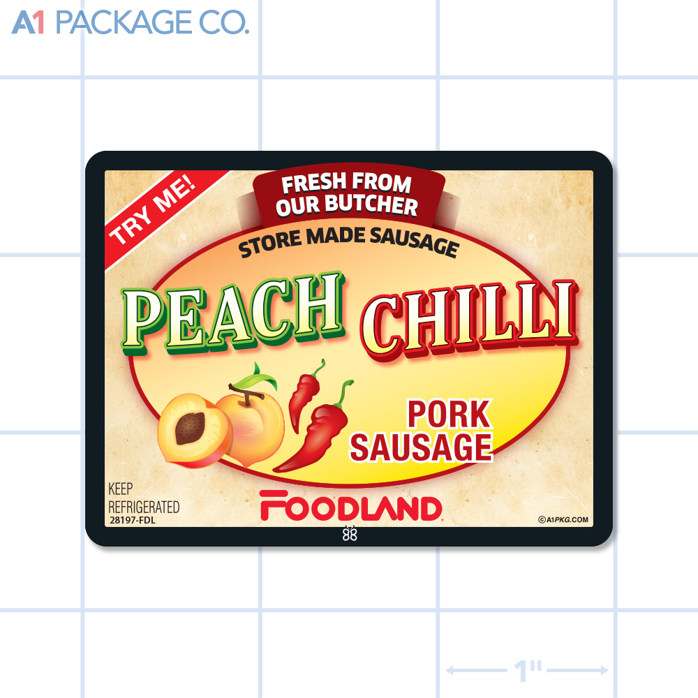 Foodland Peach Chili Pork Sausage Label Full Color Rectangle (3x2.25 Inch) 500/roll