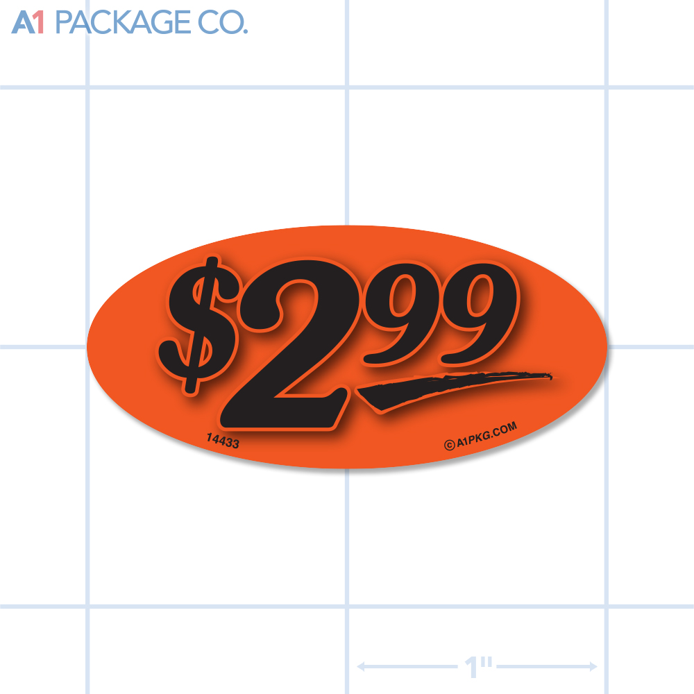 $2.99 Label Fluorescent Red Oval (1x2 inch) 500/roll